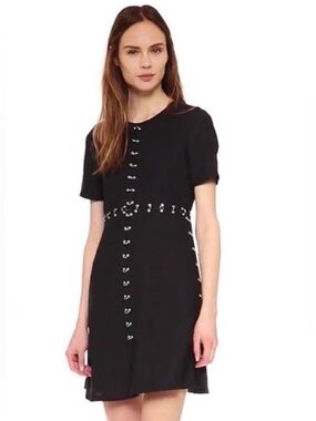 The Kooples Black Short Sleeve Mini Dress with Metallic Piercing Ring Trim